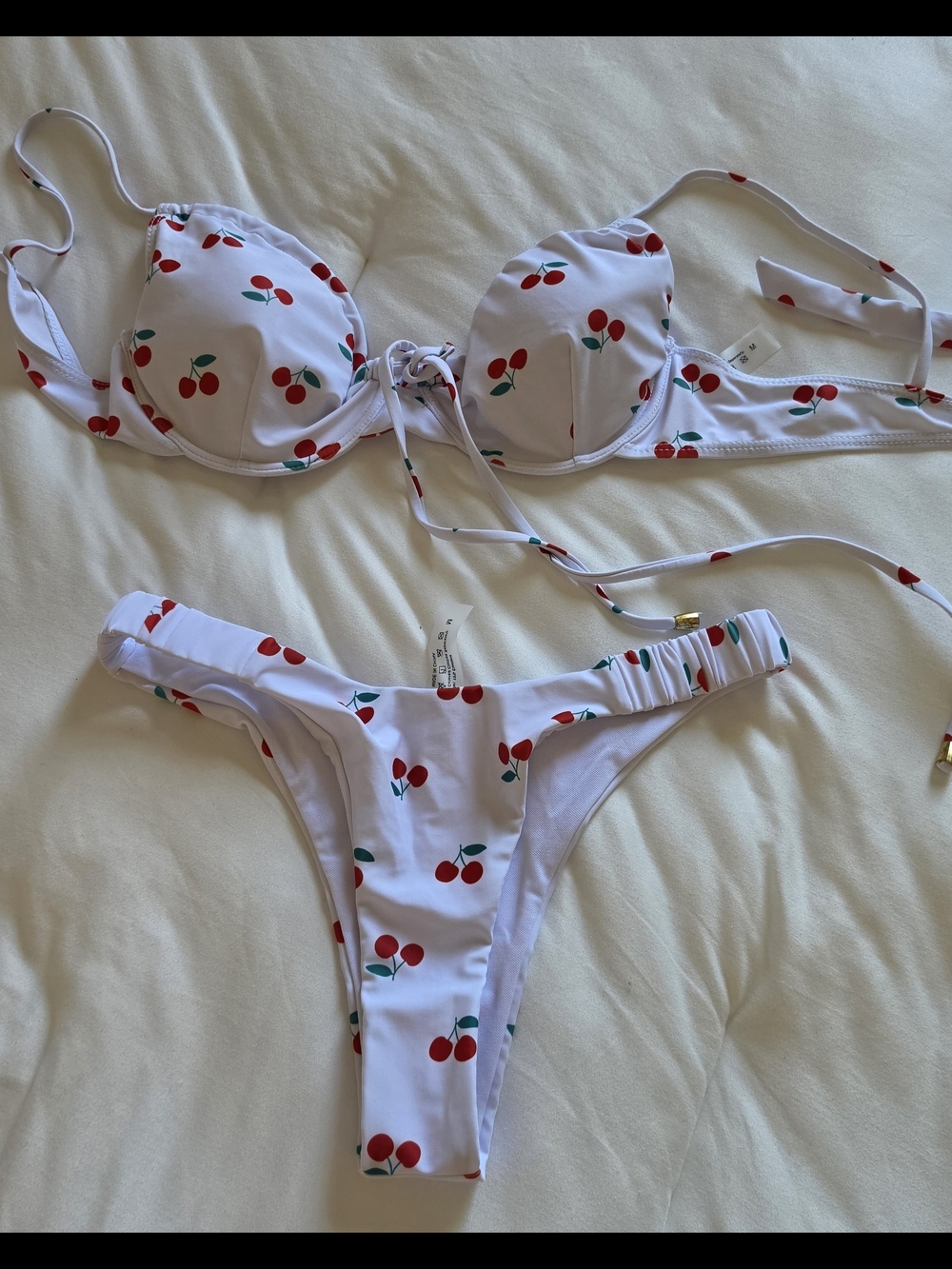 SHEIN White Cherry Print Bikini Set